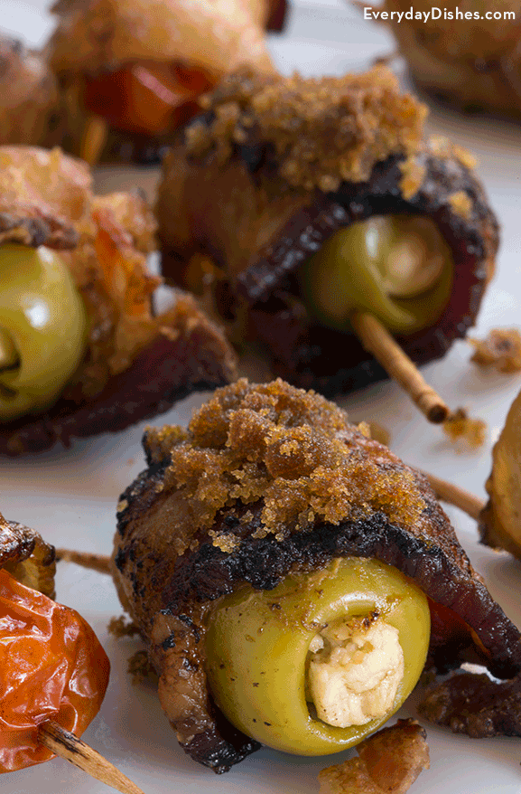 Bacon-wrapped olives and tomatoes recipe