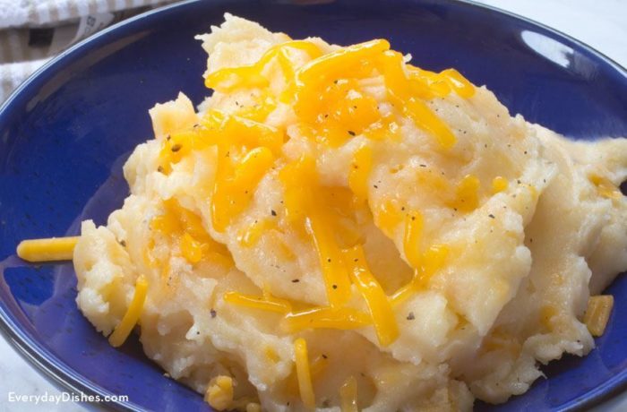 A plate of cheesy mashed potatoes, a delicious and healthy side.