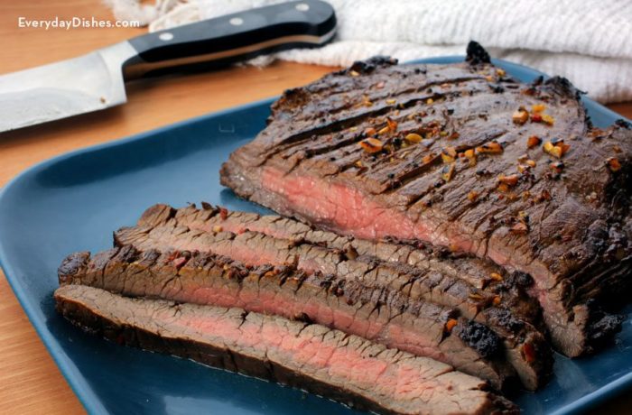 A marinated flank steak, sliced on a plate and ready to enjoy.