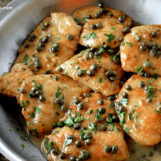 A quick and savory Italian chicken piccata in the pan, ready to serve over pasta for dinner.