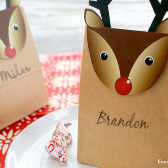 Printable reindeer gift bags for Christmas or to use as a place setting.