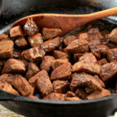 Delicious and hearty skillet steak bites, in a skillet and ready to serve for dinner.