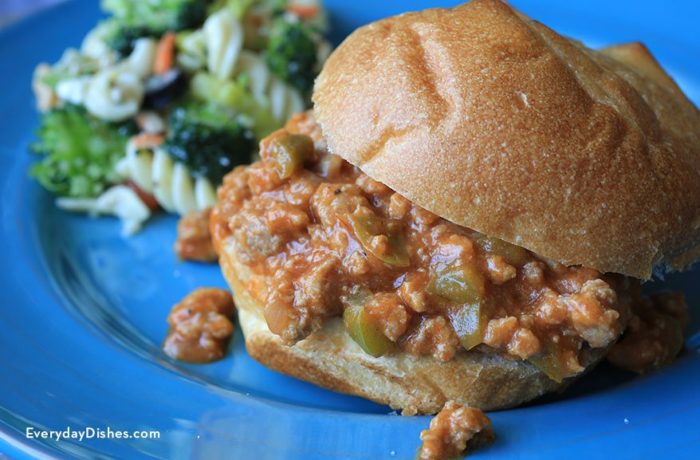 Slow cooker turkey sloppy Joes, on a plate and ready to eat for dinner.