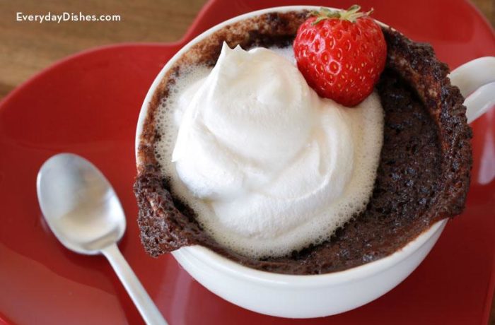 Rapidly and simple 5 minute chocolate mug cake with whip cream and a strawberry garnish for Valentine’s Day  5-Minute Chocolate Mug Cake 5 minute chocolate mug cake everydaydishes TH 700x460