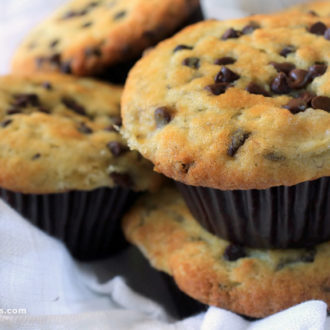 A freshly baked batch of banana chocolate chip muffins