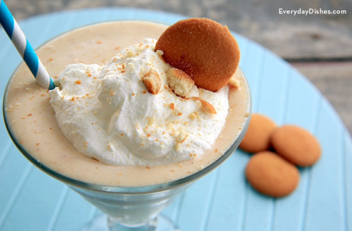 A creamy and delicious non-alcoholic banana cream pie shake for dessert or a snack.