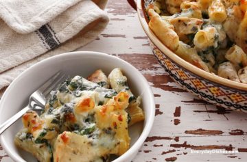 This hearty asiago chicken pasta bake will feed the whole family!