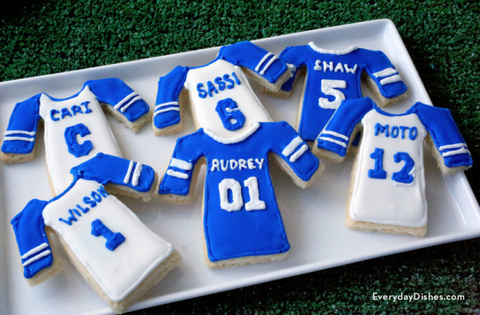 Iced sports jersey cookies that are great for your team party or Super Bowl party.
