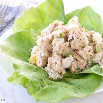 No-mayo tuna salad, on a bed of lettuce — a healthy lunch.