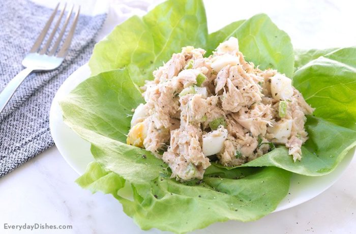 No-mayo tuna salad, on a bed of lettuce — a healthy lunch.