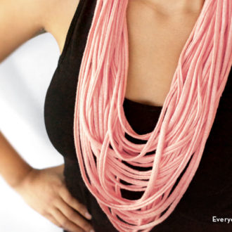 A fashionable DIY necklace made out of an old t-shirt.