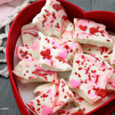 A heart-shaped box of white chocolate bark for Valentine's Day