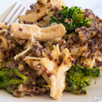 A plate of chicken, broccoli, and quinoa casserole, ready to enjoy for dinner.
