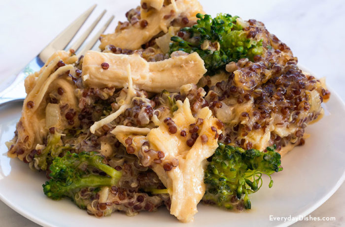 A plate of chicken, broccoli, and quinoa casserole, ready to enjoy for dinner.