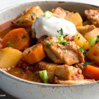 A delicious bowl of chipotle chicken stew, made in a slow cooker