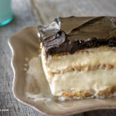 A slice of delicious chocolate eclair cake