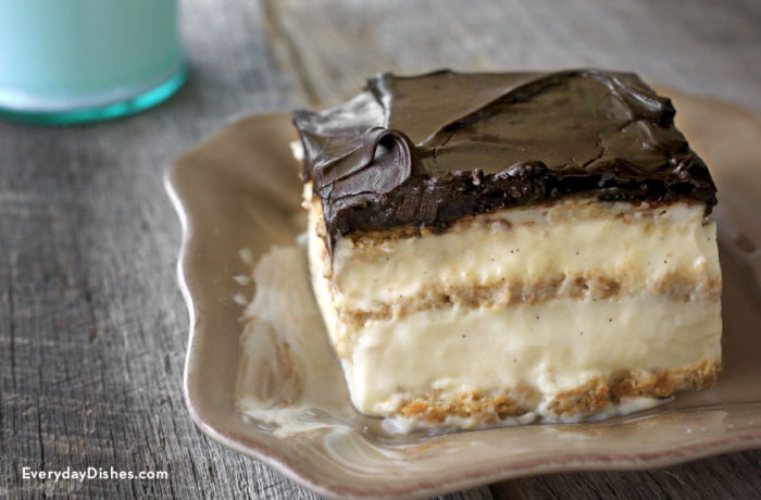 A slice of delicious chocolate eclair cake