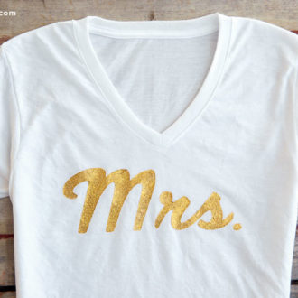 A DIY Mrs t-shirt for the bride-to-be as a bridal shower, bachelorette party or honeymoon gift.