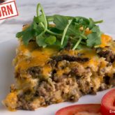 A slice of homemade einkorn cheeseburger pie that's ready to enjoy for dinner.