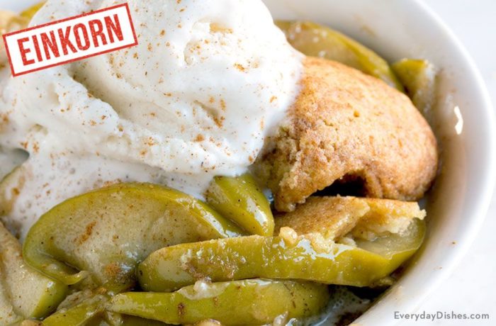 A bowl of einkorn snickerdoodle apple crisp with a scoop of ice cream on top.