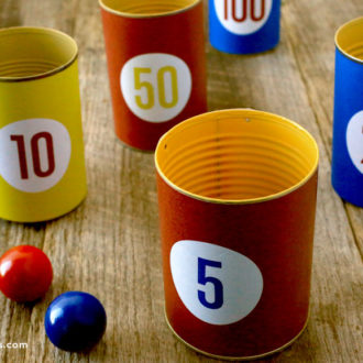 An indoor toss game, set up and ready to play.