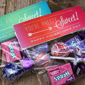 Printable Valentine treat bags full of candy.