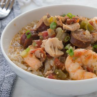 A bowl of jambalaya that was made in a slow cooker.