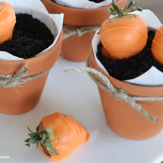 Some homemade chocolate-covered carrot strawberries in little flower pots; a cute Easter treat!