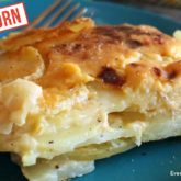 A serving of delicious einkorn cheesy scalloped potatoes — the perfect side dish.