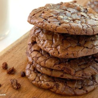 A stack of homemade gluten-free brownie cookies.
