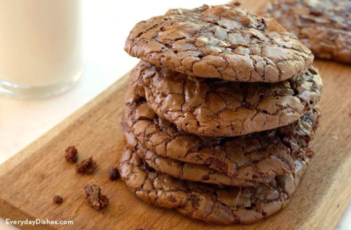 A stack of homemade gluten-free brownie cookies.