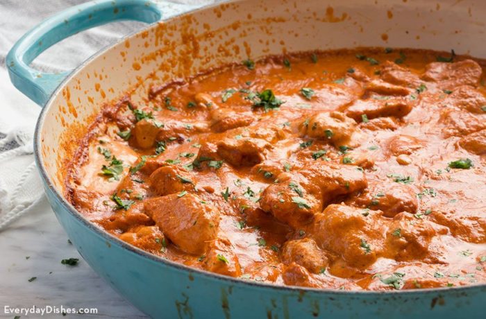 A skillet full of homemade tikka masala with chicken, ready to enjoy for dinner.