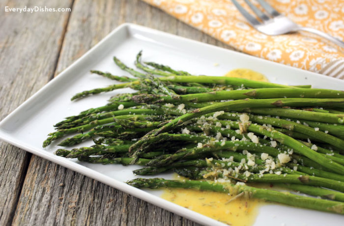 A delicious lemon rosemary roasted asparagus, prepared as a side dish.