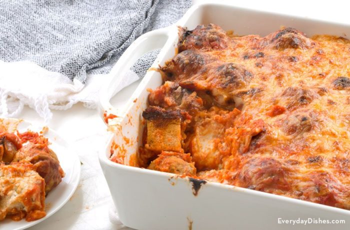 A pan full of a delicious meatball sub casserole, ready to enjoy for dinner.