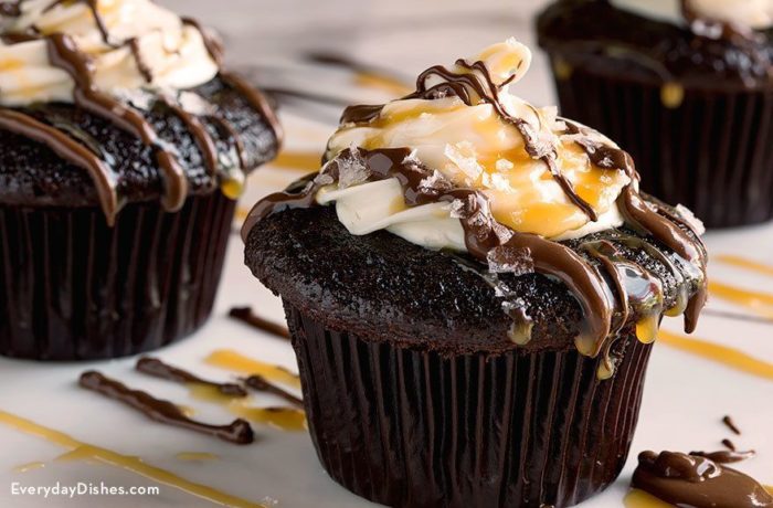 A batch of delicious salted caramel chocolate cupcakes.