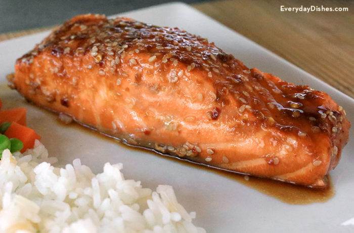 A serving of sesame garlic baked salmon, a great and healthy dinner.