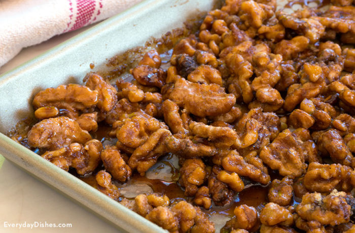 A freshly made batch of spicy candied walnuts.