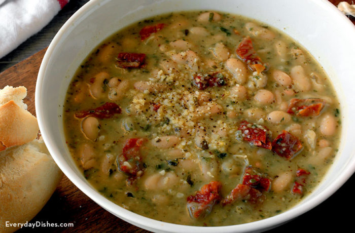 A bowl of 5-ingredient pesto bean soup.