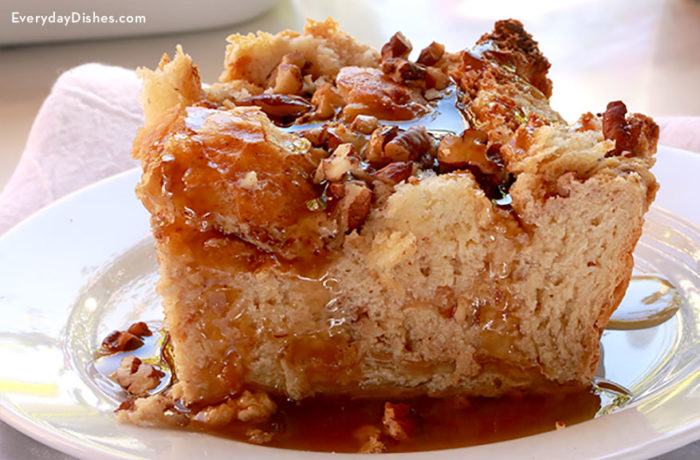 A serving of homemade French bread pudding.