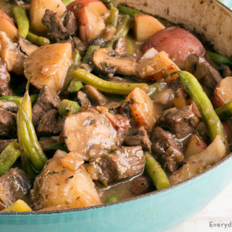 A delicious one pan beef and vegetable skillet, cooked and ready to serve for dinner.