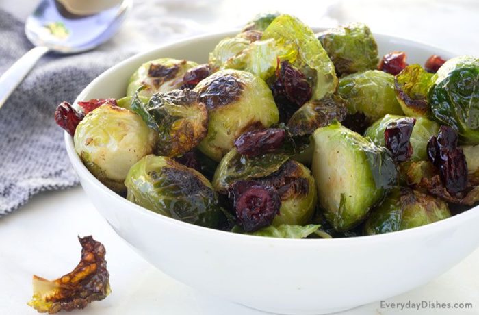 A bowl of tasty quick-roasted brussels sprouts with cranberries.