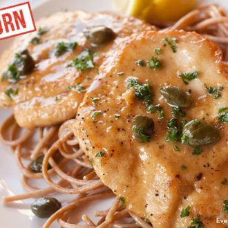A plate of delicious einkorn chicken piccata, the perfect dinner.