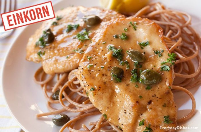 A plate of delicious einkorn chicken piccata, the perfect dinner.