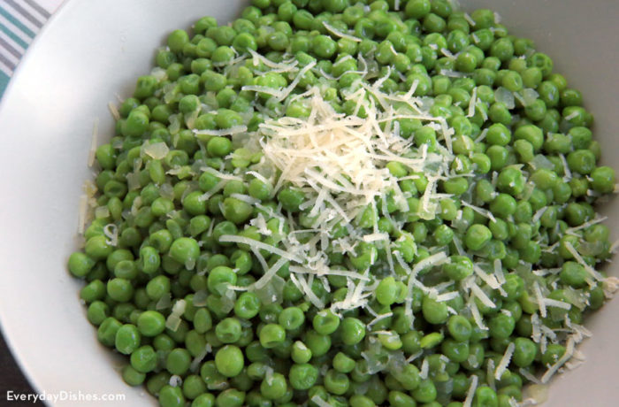 A bowl of some delicious parmesan Italian peas — a great side dish!