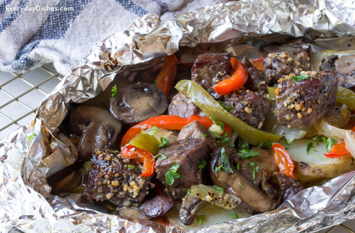 Beef and veggies after being cooked in a foil packet. A great and balanced dinner.