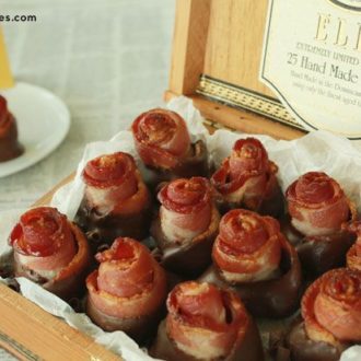 A box with a dozen chocolate-dipped bacon roses, the perfect gift for Valentine's Day