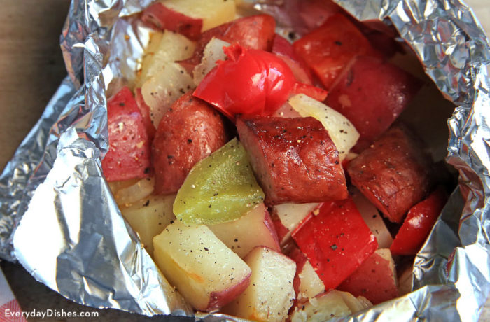 A sausage and potato foil packet that's perfect for camping and game day!