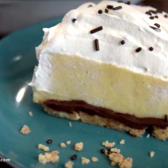 A slice of chocolate layered vanilla pudding pie that's ready to enjoy for dessert.
