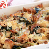 A dish of freshly made chicken and spinach einkorn pasta bake for a tasty dinner.