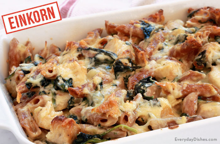 A dish of freshly made chicken and spinach einkorn pasta bake for a tasty dinner.
